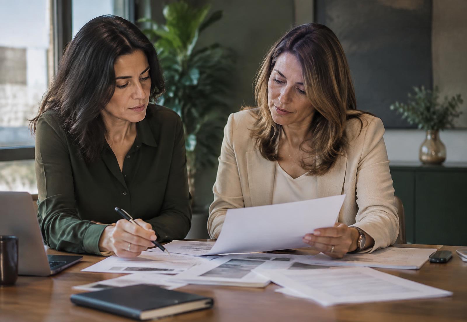 Profissionais analisando documentos empresariais em conjunto