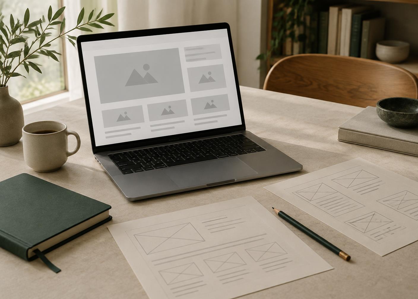 Computador portátil com esboço de layout de site ao lado de croquis impressos