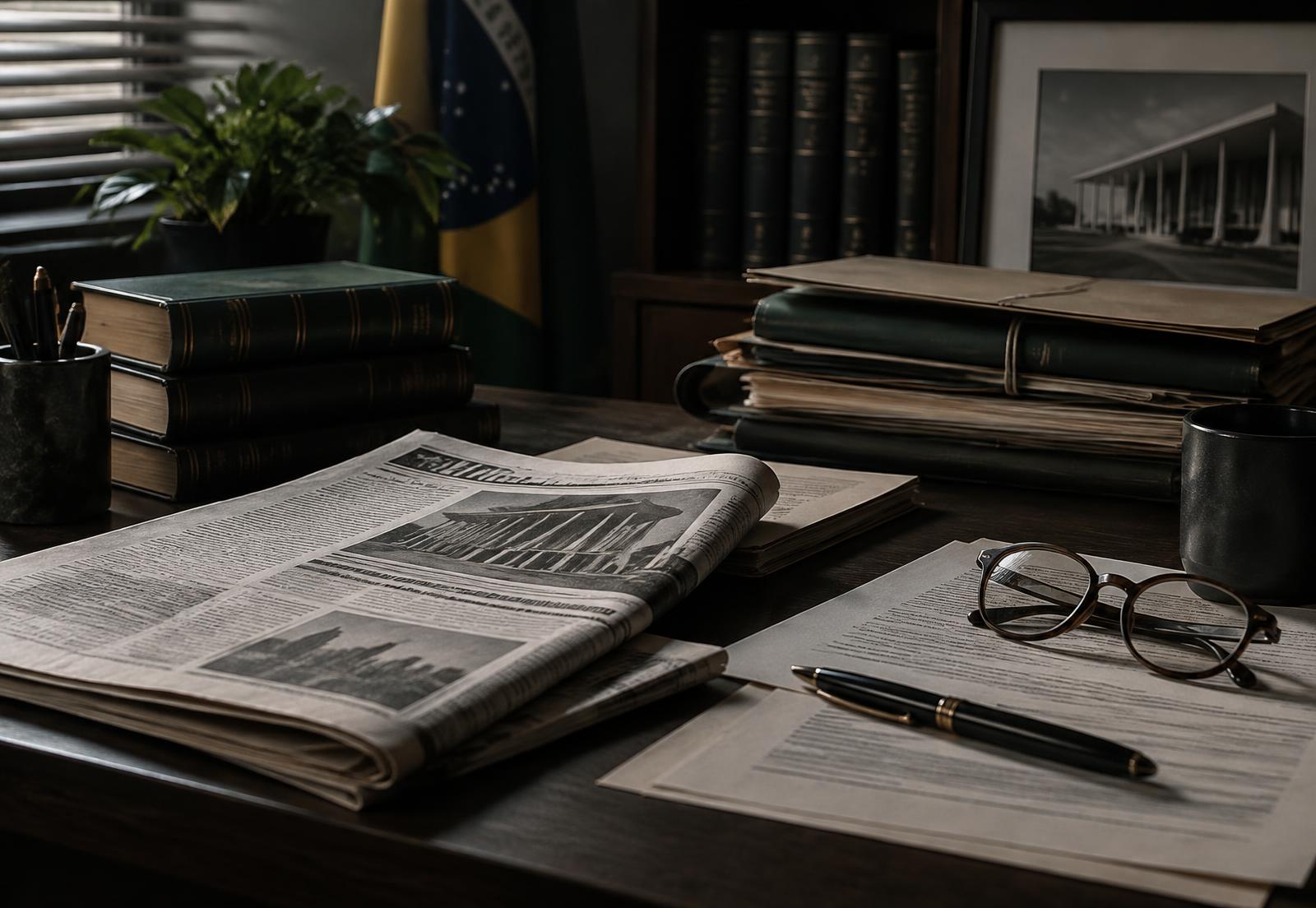 Jornais e documentos legais organizados sobre uma mesa